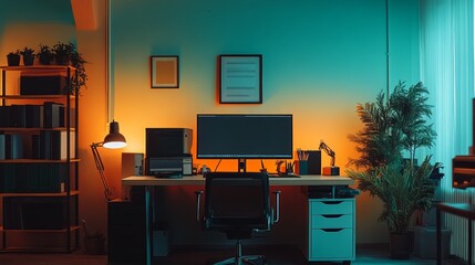 yellow and woven study room monitor table and chair, home office
