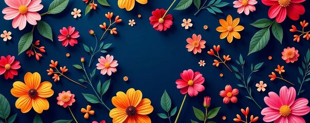 Obraz premium Vibrant mix of flowers in various colors on navy background seamless pattern, nature, floral