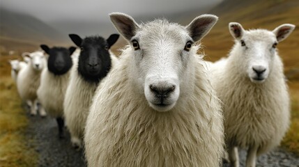 Obraz premium Close-up of curious sheep flock with white and black faces standing on misty countryside trail, ideal for rural lifestyle visuals, agriculture branding, and animal-focused storytelling