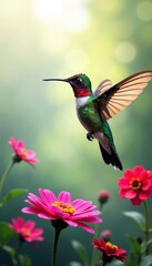 Fototapeta premium Vibrant flower garden with hummingbird wings superimposed, blending nature's elements in a harmonious double exposure, wings, nature