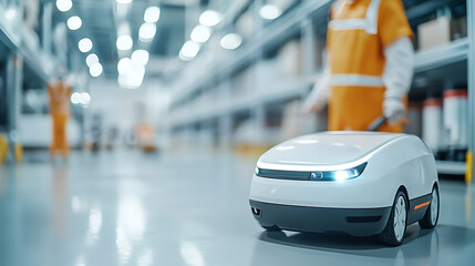 Fototapeta premium Autonomous warehouse robot organizing inventory modern warehouse robotics technology indoor environment close-up view efficiency in logistics