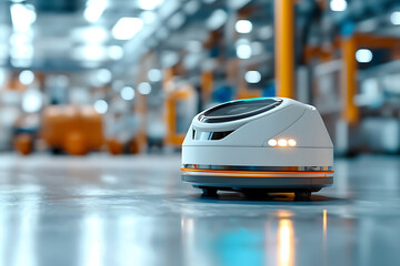 Innovative tiny inspection robot navigating industrial warehouse technological advancement automation environment close-up viewpoint