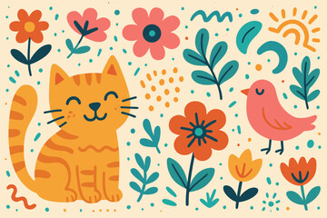 Cat and bird harmony in a whimsical floral pattern for playful decor