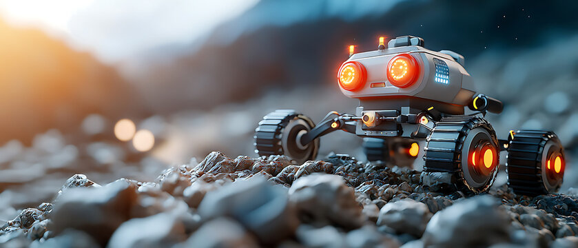 Exploration robot maneuvering rocky alien terrain extraterrestrial landscape action shot futuristic technology close-up perspective