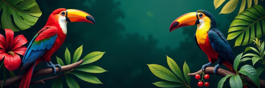 Vibrant multicolored tropical plants with toucans and parrots, colorful, toucans
