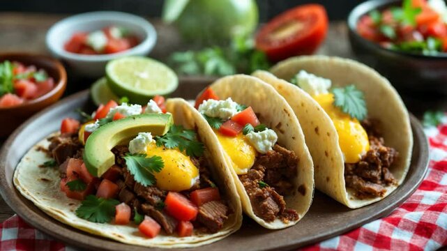 Breakfast Tacos are cherished. Tacos stuffed with eggs, beef, and pork, served on freshly prepared corn tortillas. Delicately seasoned meat, fresh avocado, cilantro, queso fresco, and homemade salsa