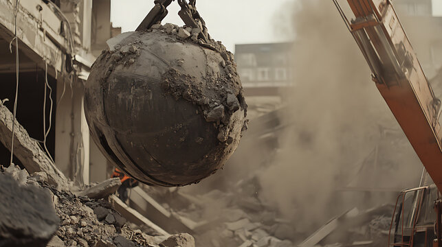 Demolition worker operating a wrecking ball at an urban site. Featuring controlled demolition