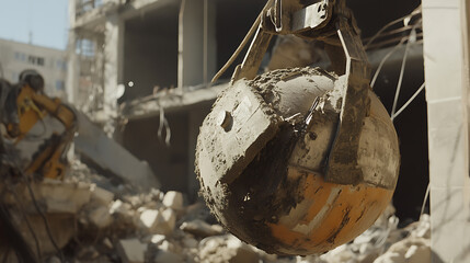 Demolition worker operating a wrecking ball to dismantle a building. Featuring building demolition