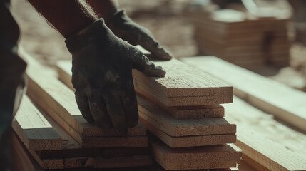 Obraz premium Construction worker stacking materials on a site. Featuring efficiency and teamwork