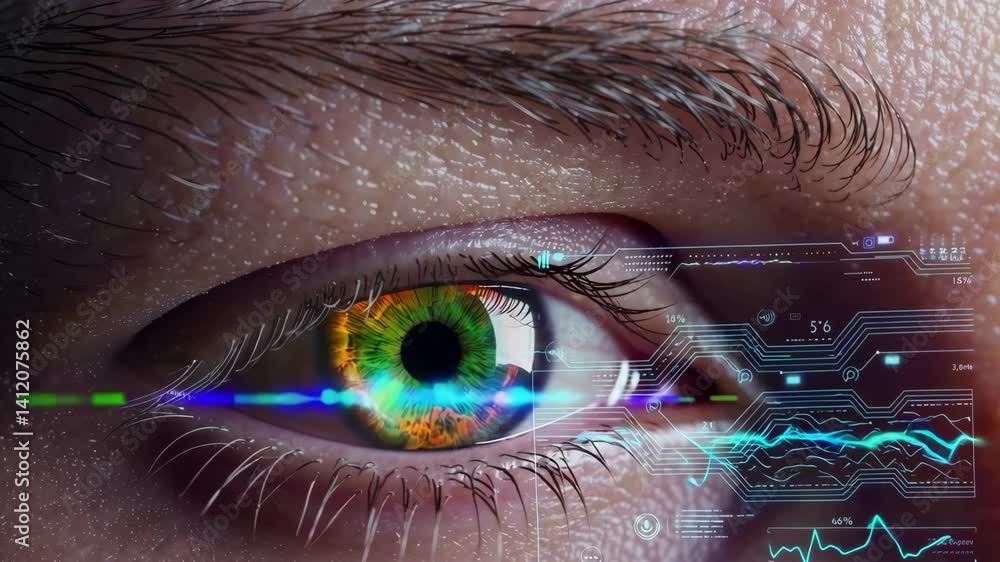 Poster futuristic eye scanning with digital interface and data analytics visualization