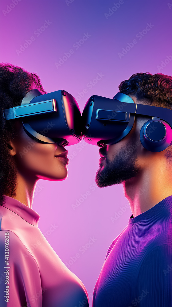 Poster couple using virtual reality headsets in close proximity, smiling at each other. bright neon backgro