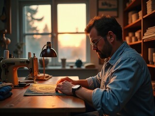 A man sits and embroiders outdoors or in a workshop. needlework, embroidery with floss, ribbons. creativity, needlework. diy embroiders