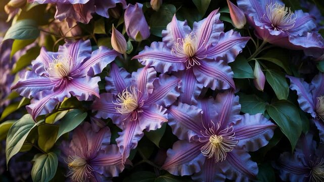 Beautiful clematis blossoms in full bloom.