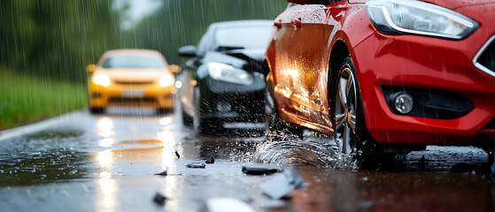 Multiple car pileup on rainy highway traffic incident urban road wet conditions close-up safety awareness