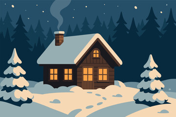 Fototapeta premium Cozy winter cabin in snowy forest scene for seasonal design