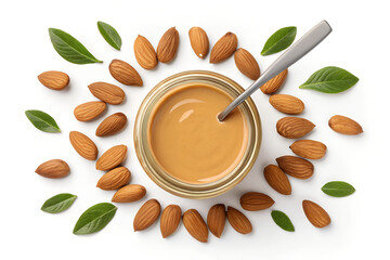 Creamy Almond Butter in Jar with Almonds and Green Leaves – Top View on White Background