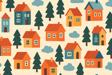 Fototapeta premium Whimsical forest homes pattern with colorful houses and trees for creative design projects