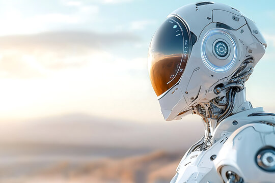 Futuristic robot exploring a mars-like landscape extraterrestrial terrain digital art sci-fi environment high angle view technological advancement