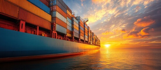Cargo ship at sunset, ocean transport, golden hour