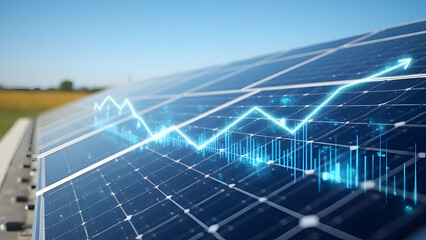 Solar Panel Growth: Investment in Renewable Energy. Photovoltaic system on roof with rising graph, illustrating ROI and sustainable energy benefits.