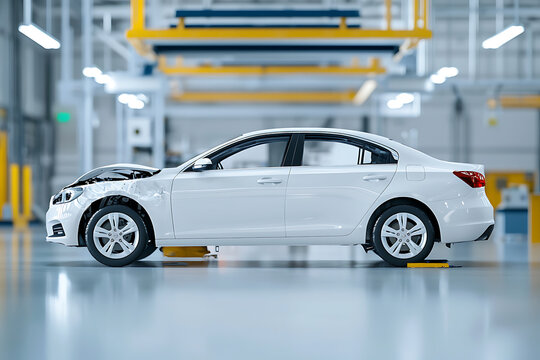 Crashtest vehicle demonstrating advanced protective design features automotive industry facility technical showcase modern workshop environment side view vehicle safety concept
