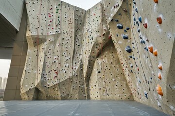 Unique climbing wall design with multiple routes for indoor bouldering in a modern facility