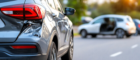 Car accident alert collision detection system engaged in urban environment capturing aftermath of vehicle collision