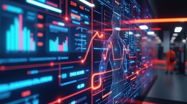 This image features a futuristic strength workout with biometric overlays, emphasizing technology and fitness in a modern exercise setting.