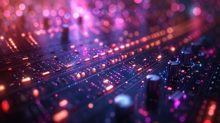 Fototapeta premium Vibrant lights and sound waves dancing on a creative electronic music mixer at night