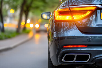 Collision warning alert system activation in vehicle urban street automotive technology evening environment rear view safety concept