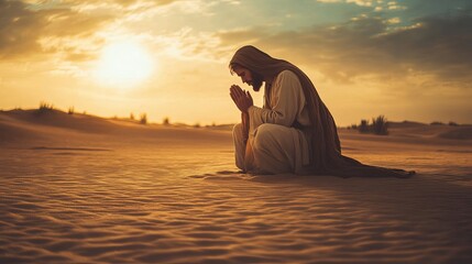 Man praying in desert sunset peaceful spiritual scene golden hour god sand hope calm holy faith jesus