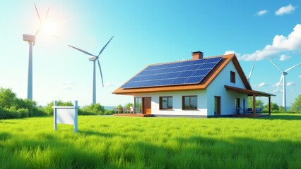 Sustainable Home With Solar Panels Windmills