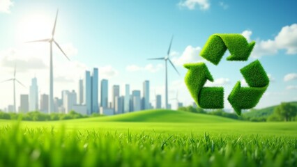 Obraz premium Recycling Symbol Overlooking City And Windmills