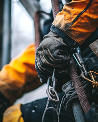 Construction worker preparing scaffolding for building. Featuring scaffolding setup and safety