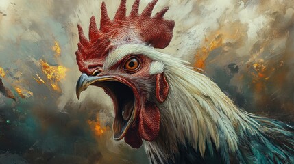 Angry rooster crowing, fiery background, farm animal portrait, graphic design