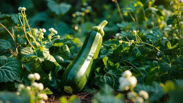 Maturing fresh green zucchini in the garden. Young vegetables and flowers. Fresh farm produce, harvest in organic agriculture.