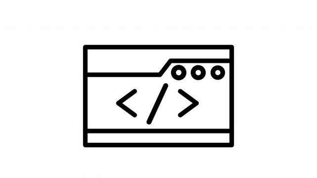 Simple black and white icon of a web browser window with code symbols inside, perfect for techrelated designs and websites.