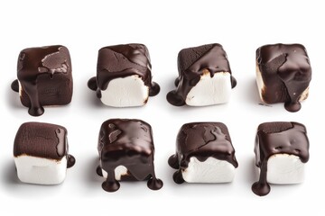 Chocolate-covered marshmallows melting on a white surface in a whimsical dessert display isolated on transparent background