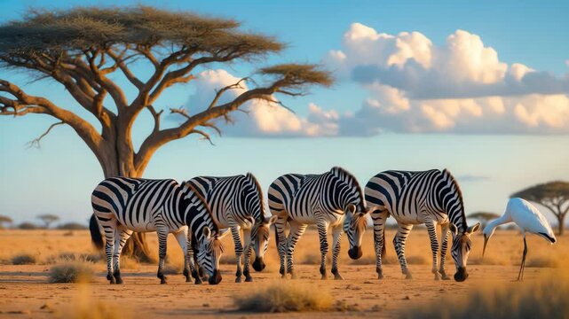 Zebras and herons enjoy feeding in the savannah landscape. Flat-topped acacia in the desert.