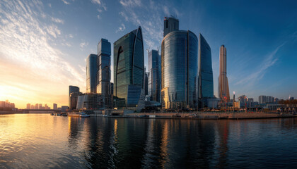 Obraz premium Sunset illuminates the modern skyscrapers of Moscow City, showcasing the city's dynamic architecture and serene waterfront
