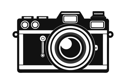A black and white vector illustration of a vintage DSLR camera with detailed lens and buttons, bold outlines, retro style, isolated on a white background