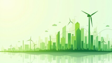 Green Cityscape With Wind Turbines Silhouette