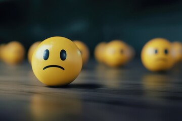 Yellow smiley faces with varying expressions on a wooden surface in a dimly lit room