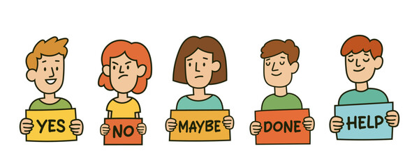 Cartoon characters holding signs with emotions and responses – Yes, No, Maybe, Done, Help. Vector illustration.