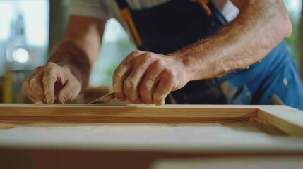 Carpenter assembling wood frames for doors. Featuring frame construction and custom woodworking