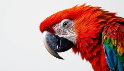 Fototapeta premium Colorful Scarlet Macaw Bird Close-Up on White Background Showcasing Vibrant Feathers and Distinctive Features