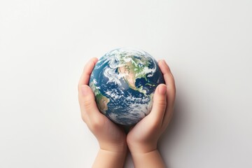 Small hands gently cradling a miniature Earth, symbolizing environmental care and global responsibility.