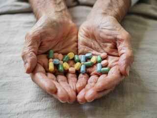 Elderly hands holding colorful medication capsules on a soft surface in a quiet interior setting