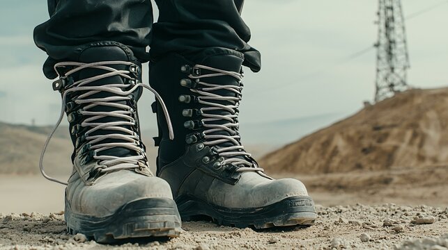Zoomed-in image of safety harness, laser pointer, and steel toe boots arranged during field site review on dusty terrain