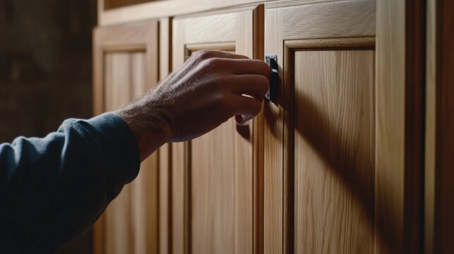 Carpenter assembling wooden cabinet doors. Featuring craftsmanship and precision